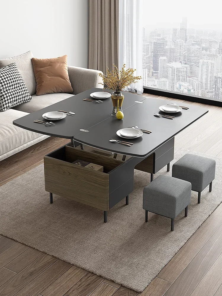 Multifunctional Stone Plate Lifting Tea Table Folding Dining Table Dual-Use Small Apartment Modern Minimalist Tea Table