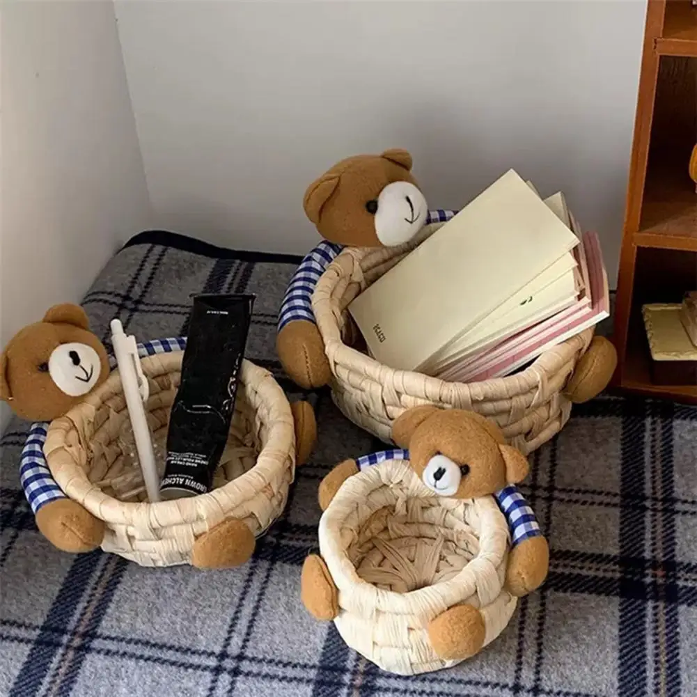 Desktop Storage Basket Lovely Space-saving 3D Pattern Storage Items Corn Husk Cute Navy Bear Sundries Organizer for Bedroom