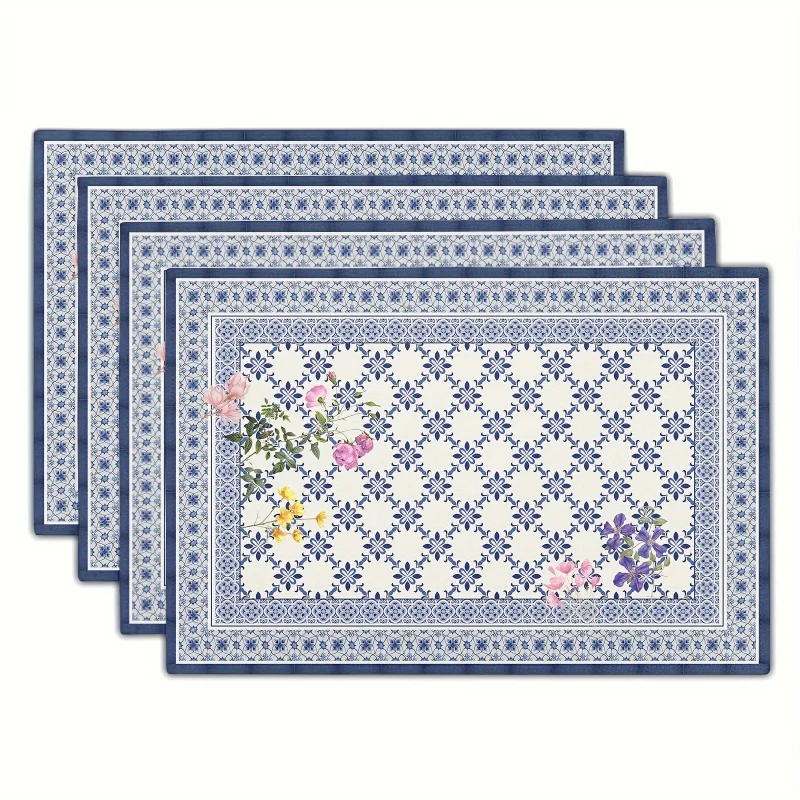 4pcs Blue Floral Placemats for Dining Table Spring & Summer Wildflower Bohemian Farmhouse Home Decor Elegant Kitchen Table Mats