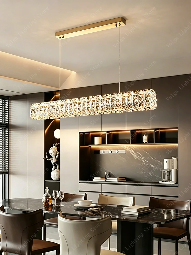 

Home Decoration Long Clear Crystal Chandelier Lights Long Dining Table Decor K9 Cristal Hanging Lamp Mirror Stainless Steel Lamp
