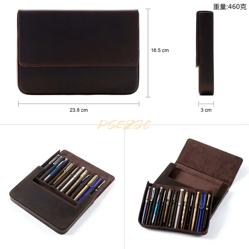 Luxury Genuine Leather Crazy Horse Leather Handmade Magnetic Drawer Style Student Storage Box with Detachable Pen Holder