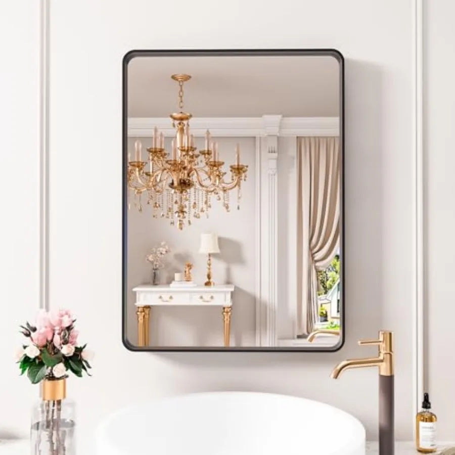 

Bathroom Mirror 21X30 Inch, Metal Framed Mirror for Wall, Rounded Rectangle Matte Bathroom Vanity Mirror with Tempered Glass, A
