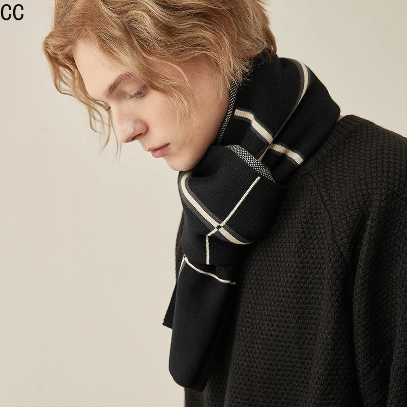 Men\'s Scarf High Quality Wool Autumn Winter Thick Warm Business Versatile Plaid Stripe Cashmere Muffler Luxury Chrimas Gift Male