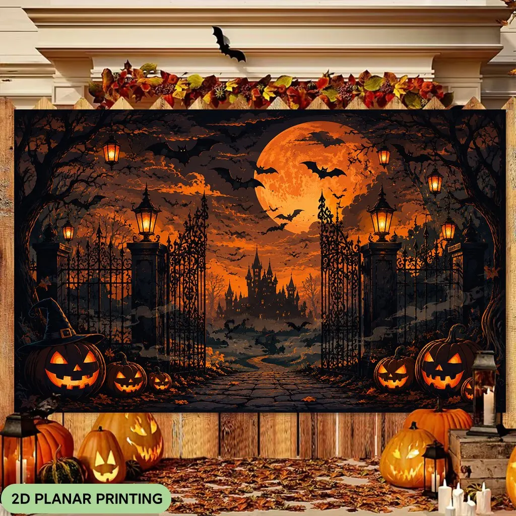 Spooky Haunted Castle Gate Bats Full Moon Jack O Lantern 2D Flat Tapestry Backdrop For Halloween Party Decor Horror Wall Hanging