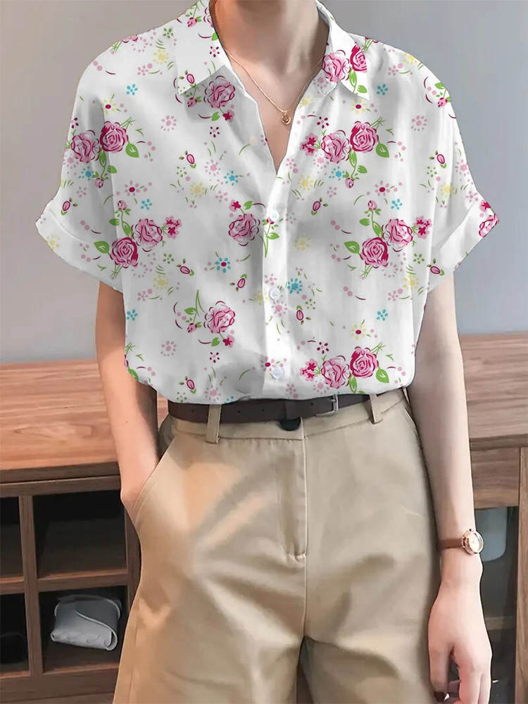 Ladies Lapel Button Shirt Casual Small Floral Print Casual Loose Elegant Short Sleeve Shirt Comfortable and Breathable Women\'s