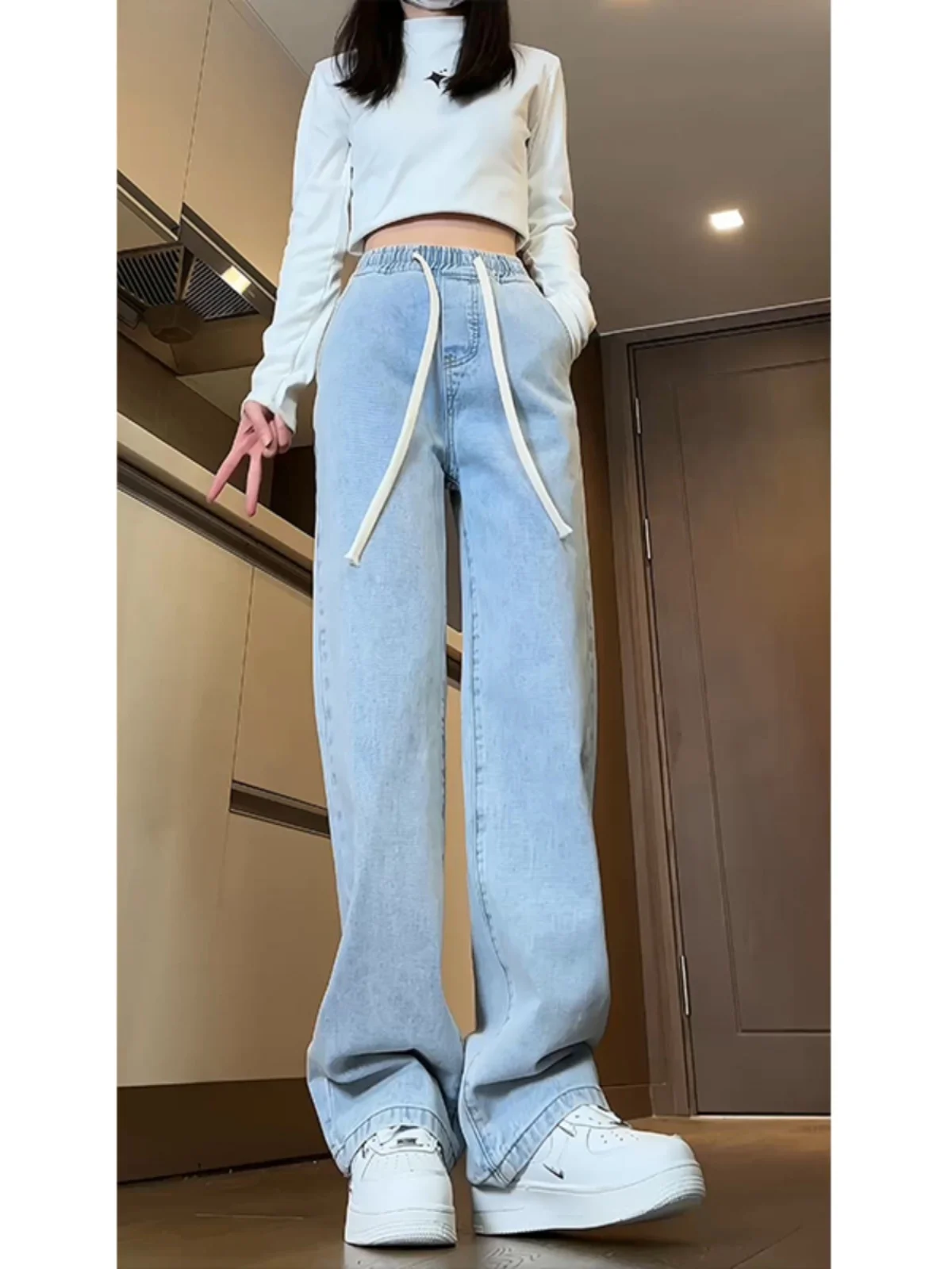 

Light Blue Men's Jeans Spring Autumn Trendy Brand nut Tree Embroidery Design Slim Straight Leg Pants American High Street