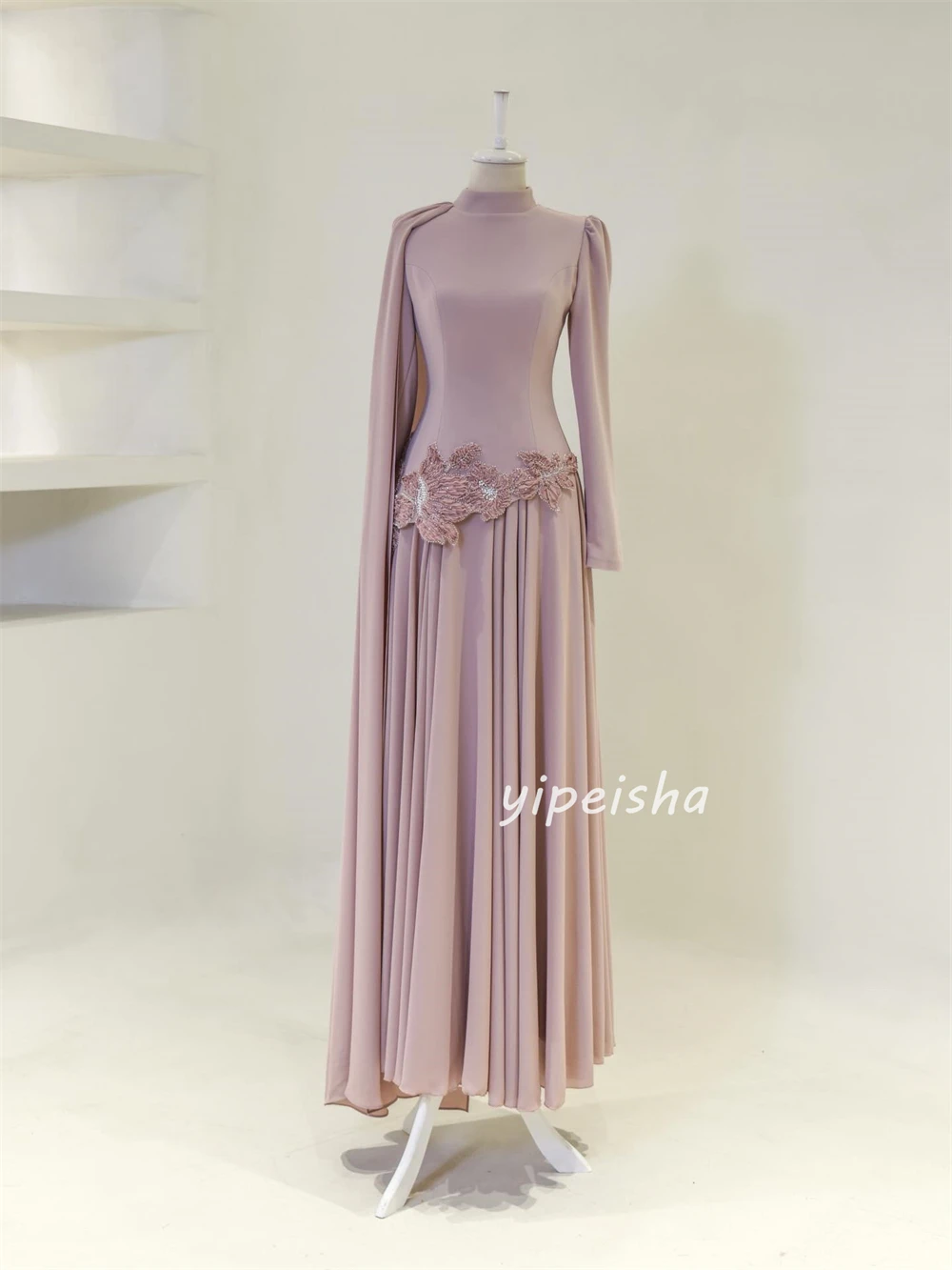 Personnalisé Style moderne mode Jersey à la main fleur paillettes robes de bal droites col haut manches longues robes de soirée