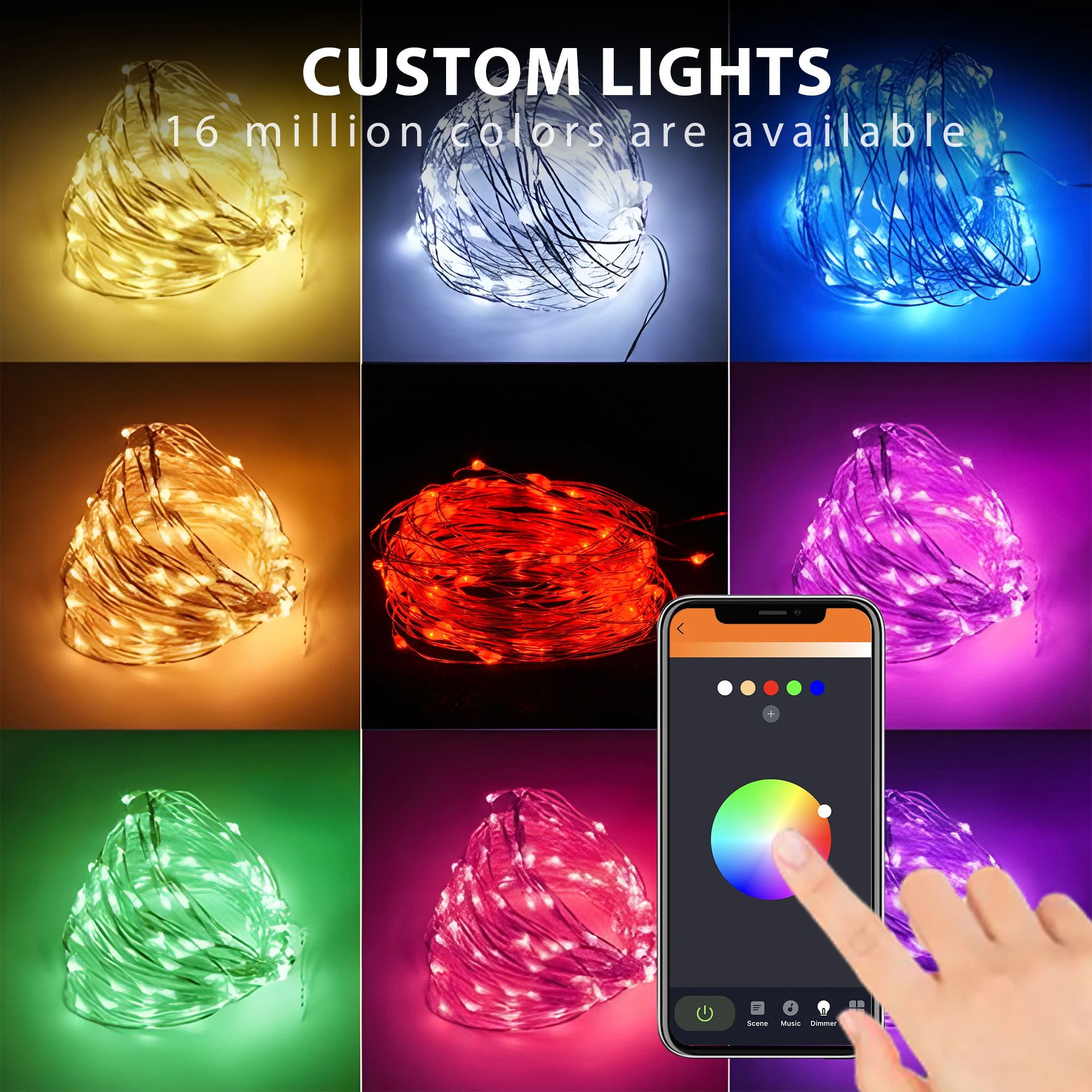 Copper Wire RGB LED Fairy Lights, App Controle Remoto, Smart String Light, 8 Mode, Decorações de Natal, 10 M100 LEDs