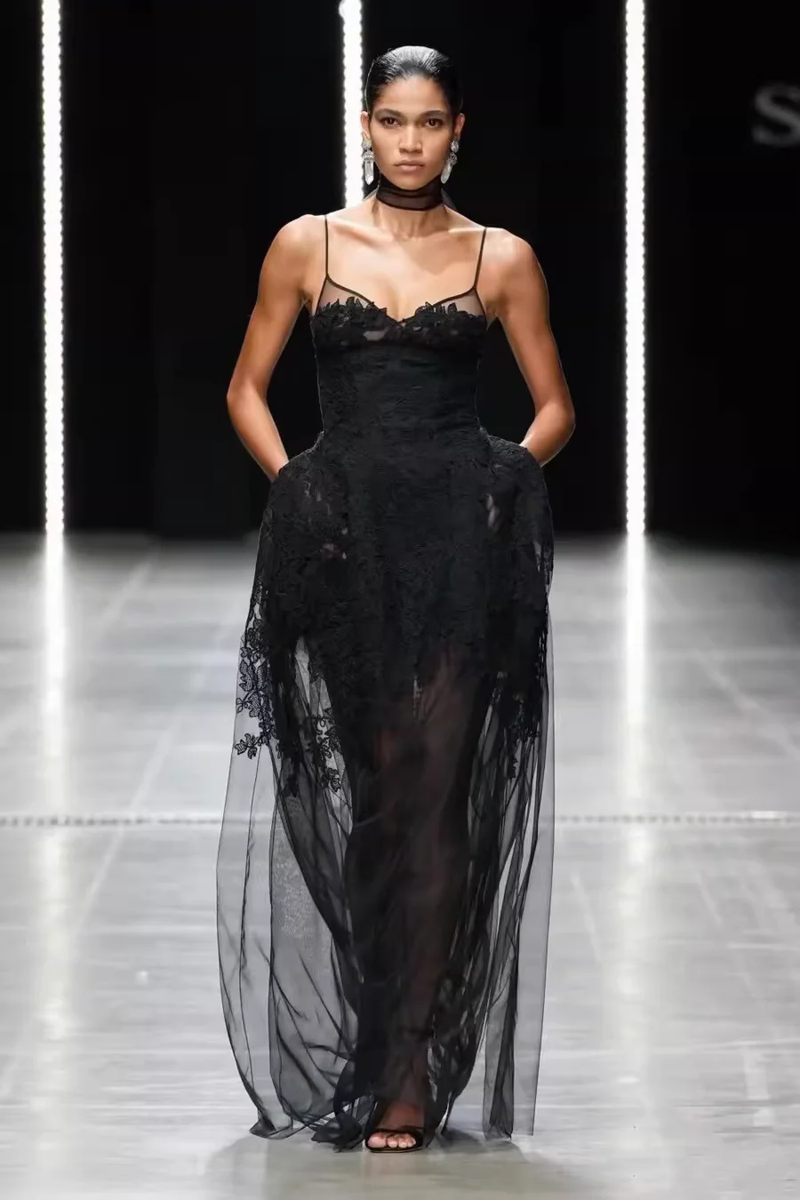 

Sexy Ladies Spaghetti Strap Silk Dress Fashion Women's Black Mesh Vestido 2026 Summer Runway Dress Long