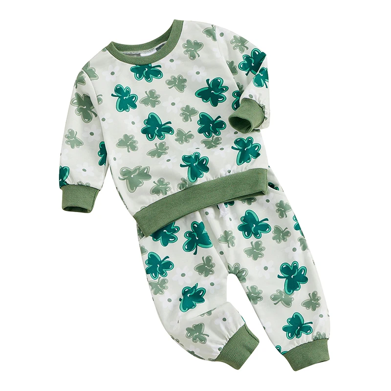 St Patricks Day Baby Girl Outfit Infant Shamrock Print Sweatshirts Pants Set Toddler Cute Top Suit Clothes