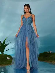V-neck sexy three-dimensional embroidery bar, splicing three-dimensional mesh lotus skirt wide slit skirt