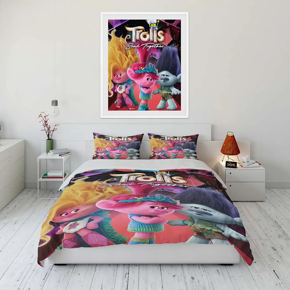 Imagem -02 - Disney-trolls Banda Juntos Conjunto de Cama para Crianças Folha Plana Capa de Edredão Fronha Roupa de Cama Roupa de Cama Solteiro Duplo King Size