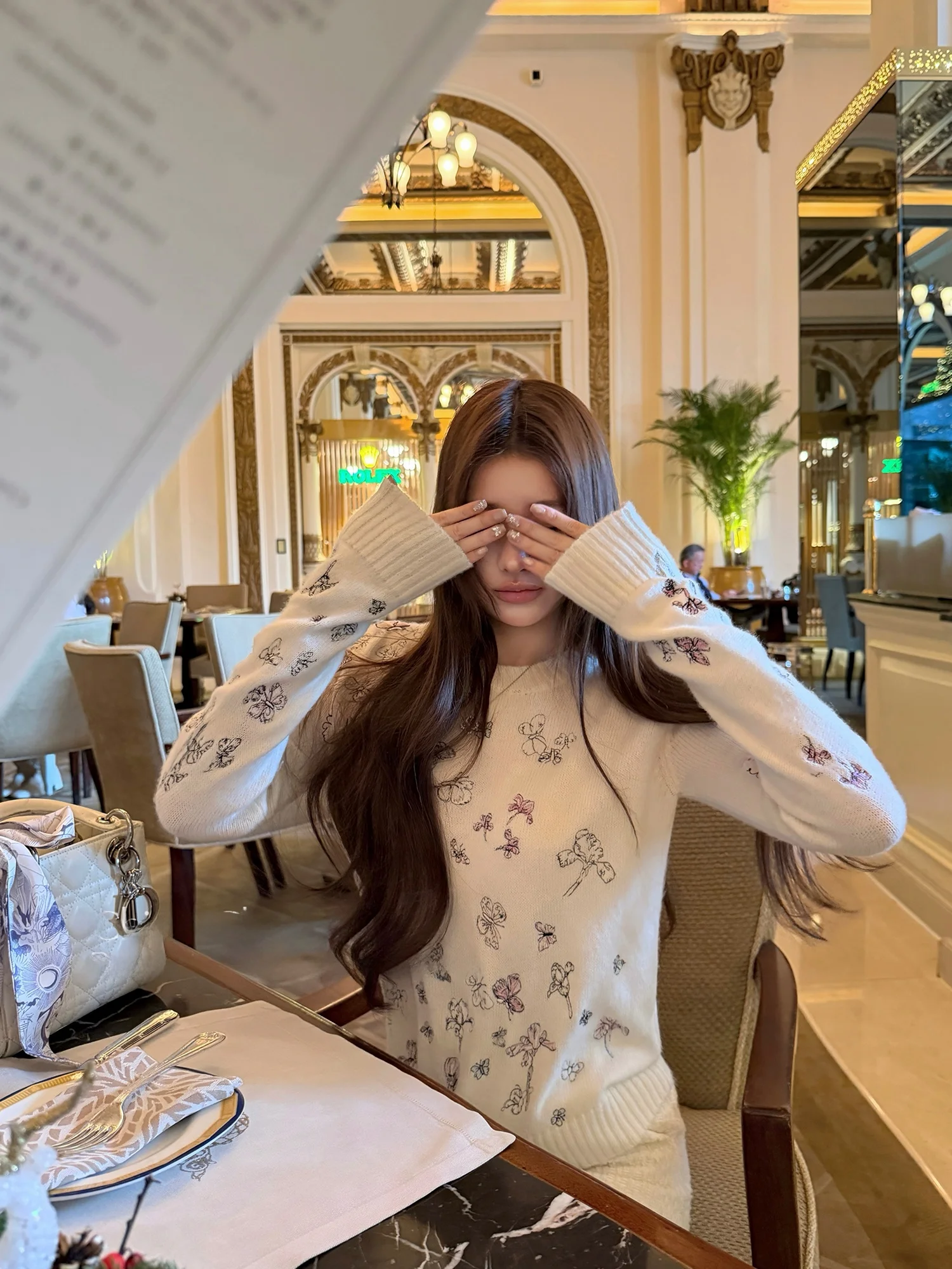 

Chien White Knitted Sweater Women's Overhead Woolen Knitwear Slimming Embroidery Commute Sle Regular Fit round Ne