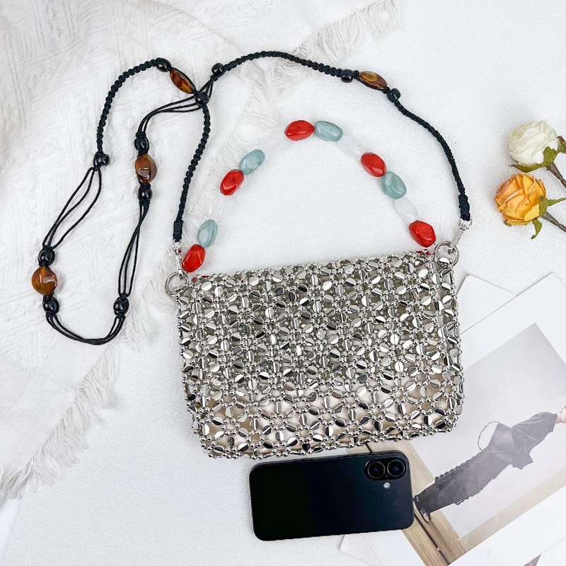 2025 new retro silver hand woven bead acrylic small square bag with long shoulder strap, mobile phone crossbody bag view 3