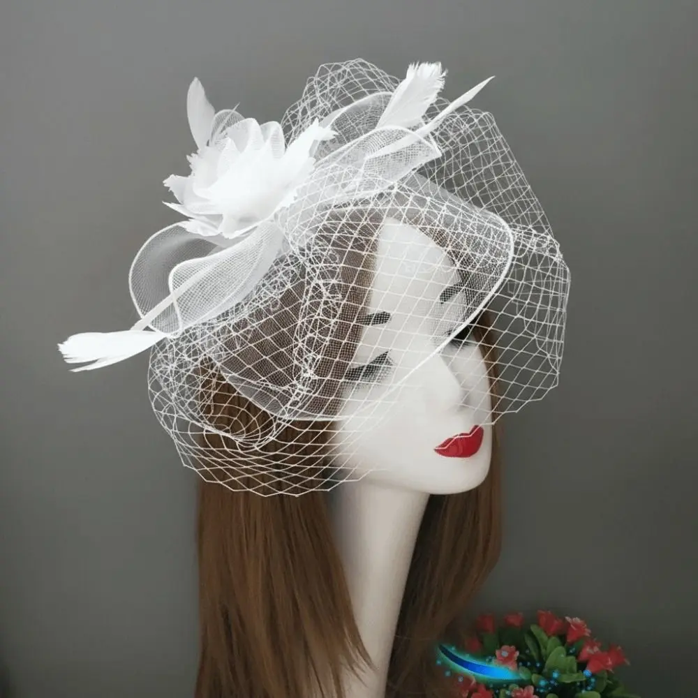 

Bride Headdress Vintage Style Fascinator Hat Feather Mesh Sweet Bow Veil Hat Fancy Flower Exquisite Elegant Headpiece Party Hats