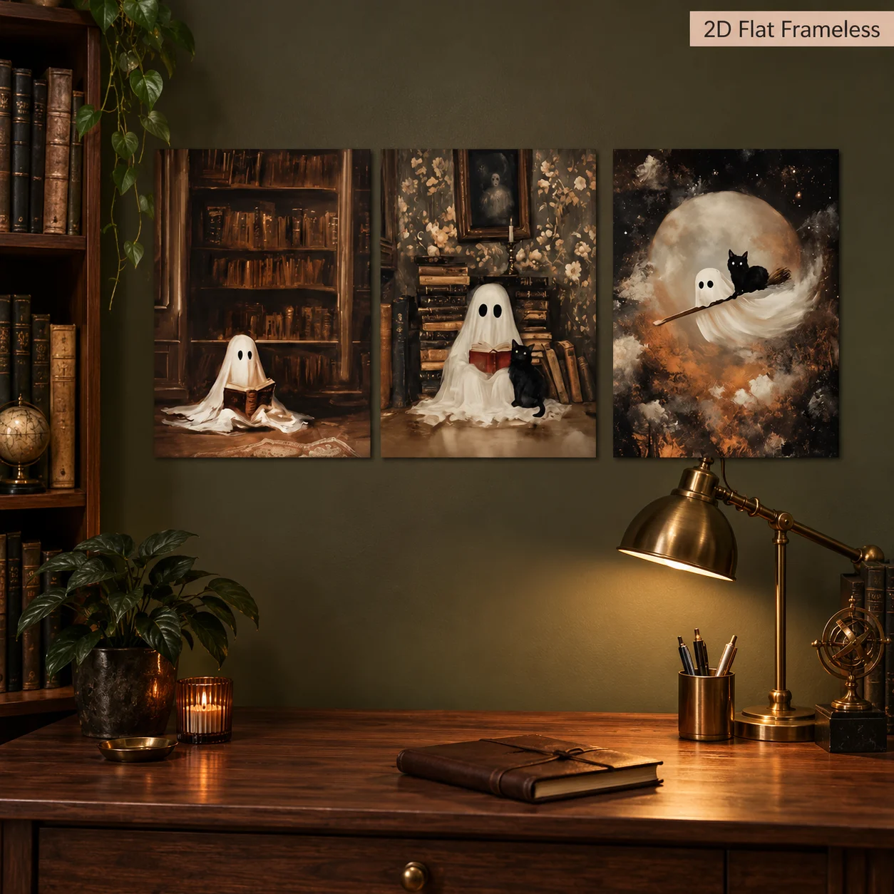 3 fun ghost and little black cat fantasy wall decoration paintings, creative reading canvas posters, ideal home gifts, 2D flat p
