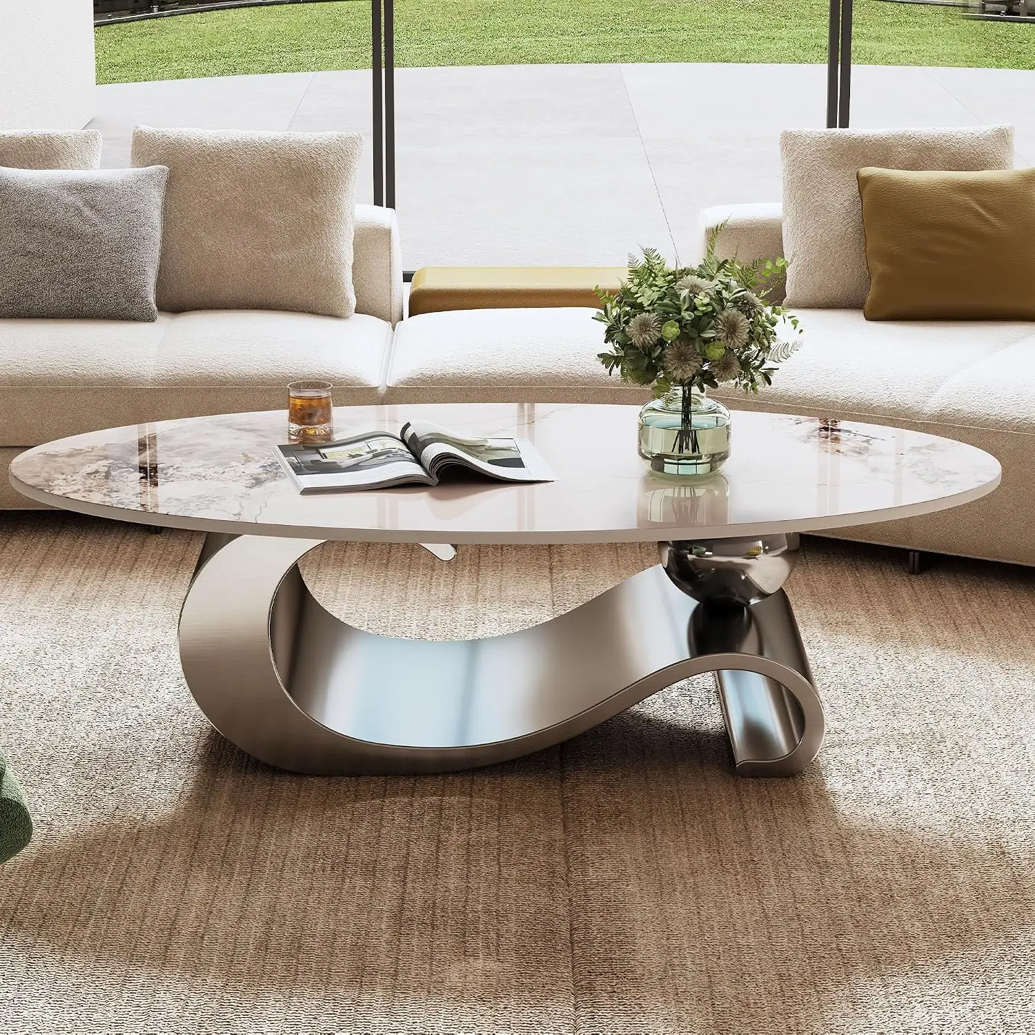 Modern Oval Coffee Table Gold Stainless Steel Pedestal Base Living Room Furniture, Customized