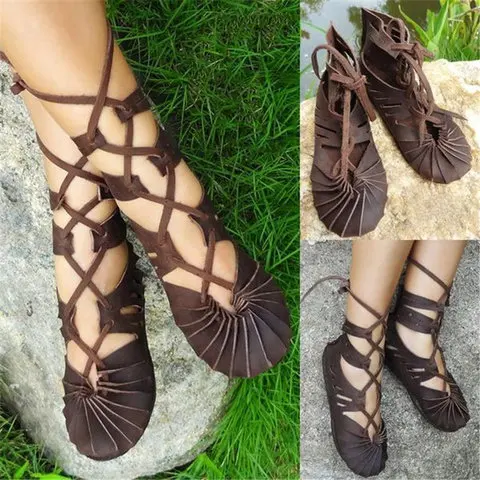 Nuevos zapatos huecos vintage medievales de Halloween para mujer, color negro y marrón, estilo vikingo, bruja, elfo, cosplay, sandalias planas con cordones, disfraz de carnaval