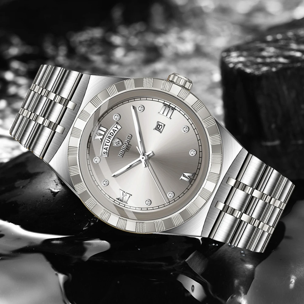 BINBOND ساعات رجالية 9356 موضة بسيطة ساعة كوارتز أصلية للرجل الملمس الهاتفي الفولاذ المقاوم للصدأ تاريخ الأسبوع الاتجاه فستان