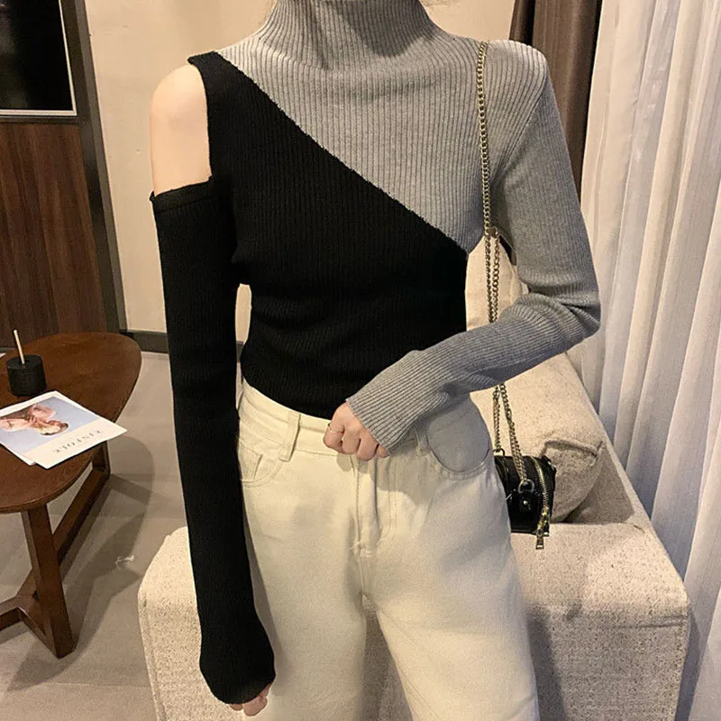 

Sexy Soft Off Shoulder Bottoming Tops Women Spring Korean Slim Fit Jumpers New Splicing Turtlenecks for Ladies