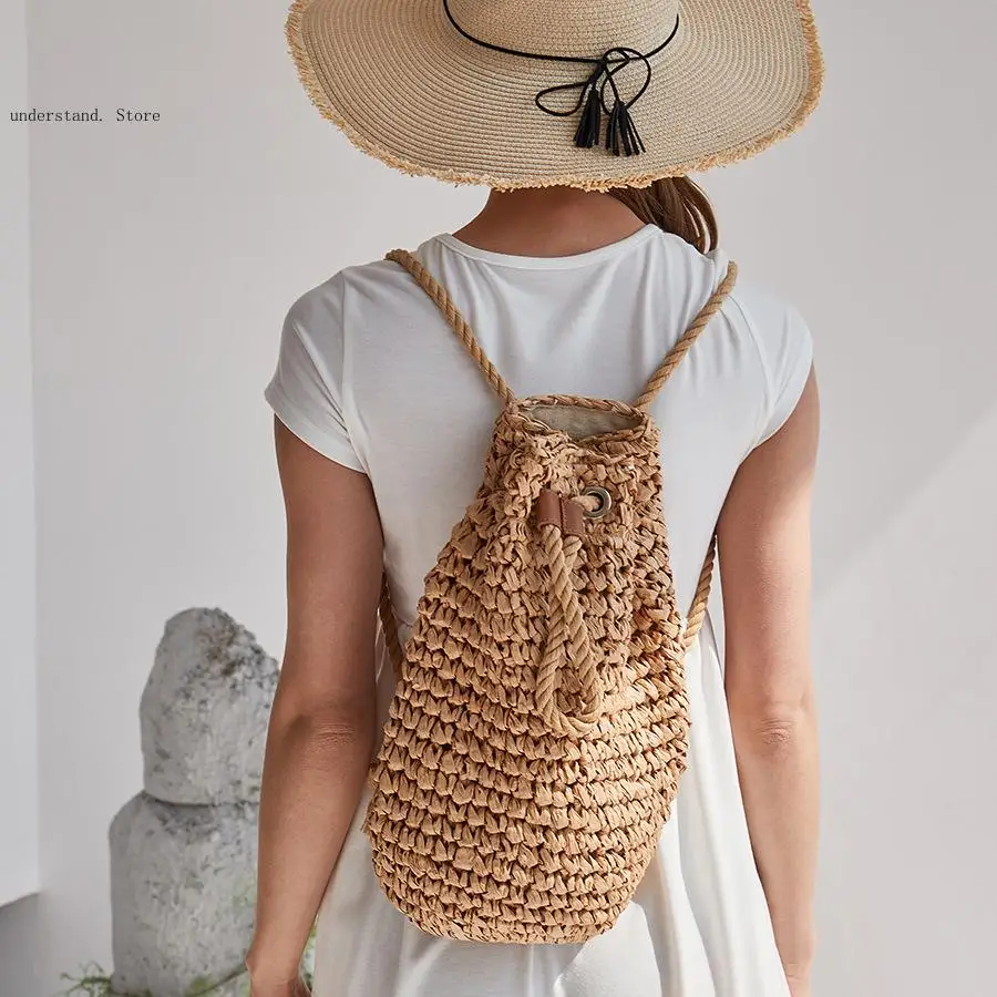 Picture 6: Handmade Drawstring Beach Shoulder Bags Raffia Rattan Woven Travel Handbags Bali Lady Backpacks Summer Straw Backpack for Women