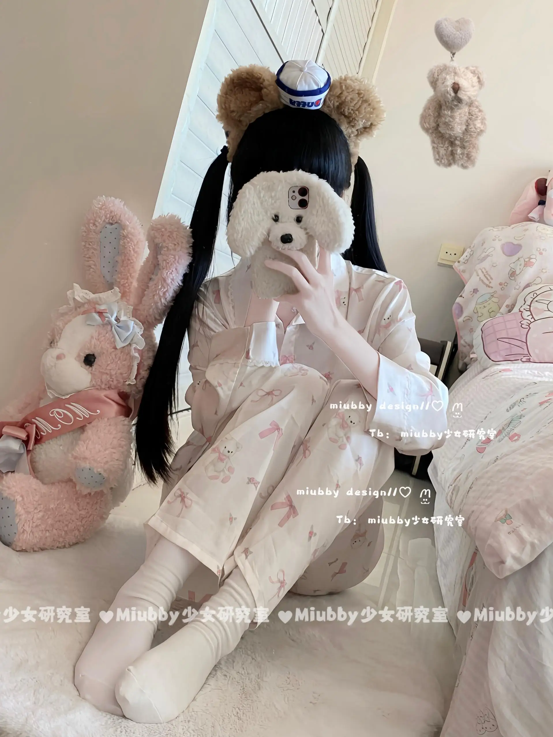 Japanese Girl Pajama Sets Cartoon Bear Print Long Sleeve Ice Silk Doll Collar Lapel Lace Patchwork Homewear Set Spring Autumn