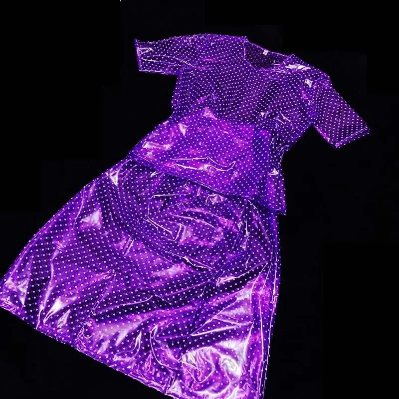 

Men Sexy Polka Dot Soft Sheer PVC Short Sleeved Loose Pullover Plastic Long Skirt Women Round Neck T-shirt Lantern Pants ABDL