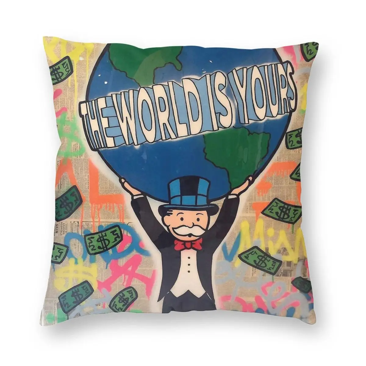 غطاء وسادة مربع مخملي من الكتان والبوليستر الاحتكاري ، غطاء وسادة منزلي مزخرف بسحاب مطبوع ، العالم لك