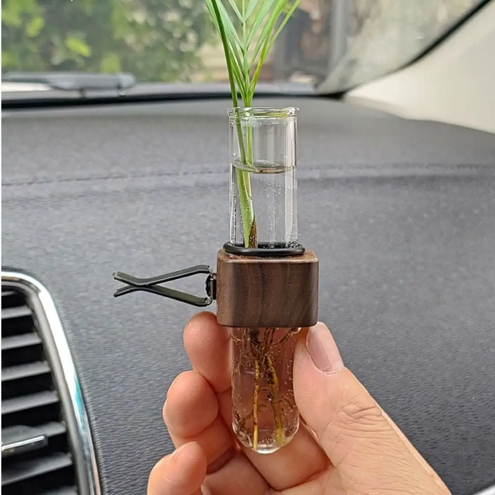 Unique Mini Car Flower Vase Clip Elegant Adjustable Car Vent Flower Vase Walnut and Glass Creative Car Vent Decor Decoration