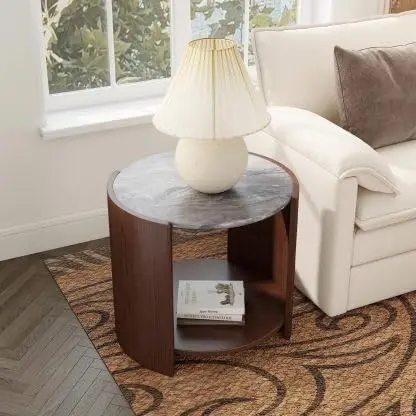 Modern Nesting Coffee Table Set Of 2, Round Living Room Center Table With End Table, Rustic Walnut Curved Table With Black Faux