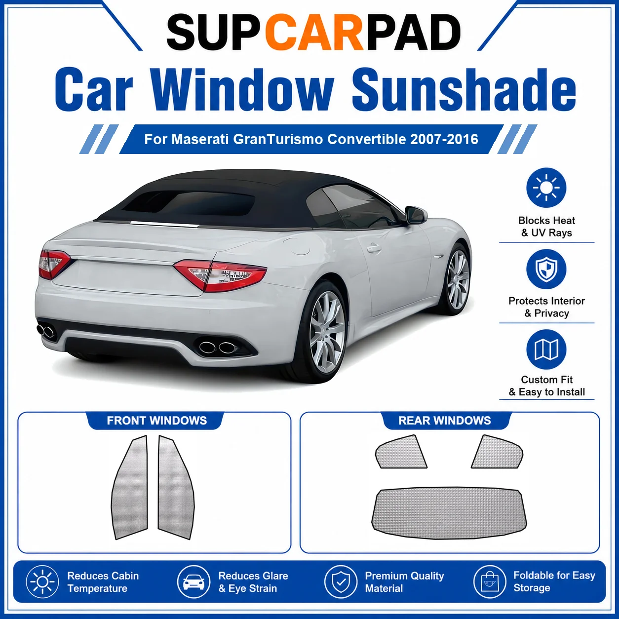 For Maserati - Maserati GranTurismo Convertible 2007-2016 Full Set Car Window Sunshades UV Block Privacy Heat Insulated Foldable
