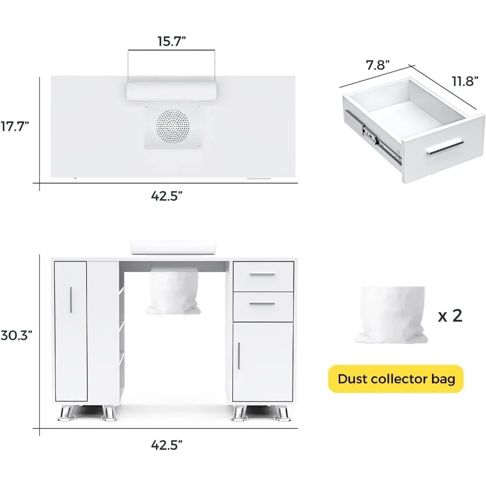 Manicure Table, Nail Tech Desk with Dust Collector, Acetone Resistant Nail Table Station with 2 Dust Bag & Wrist Rest