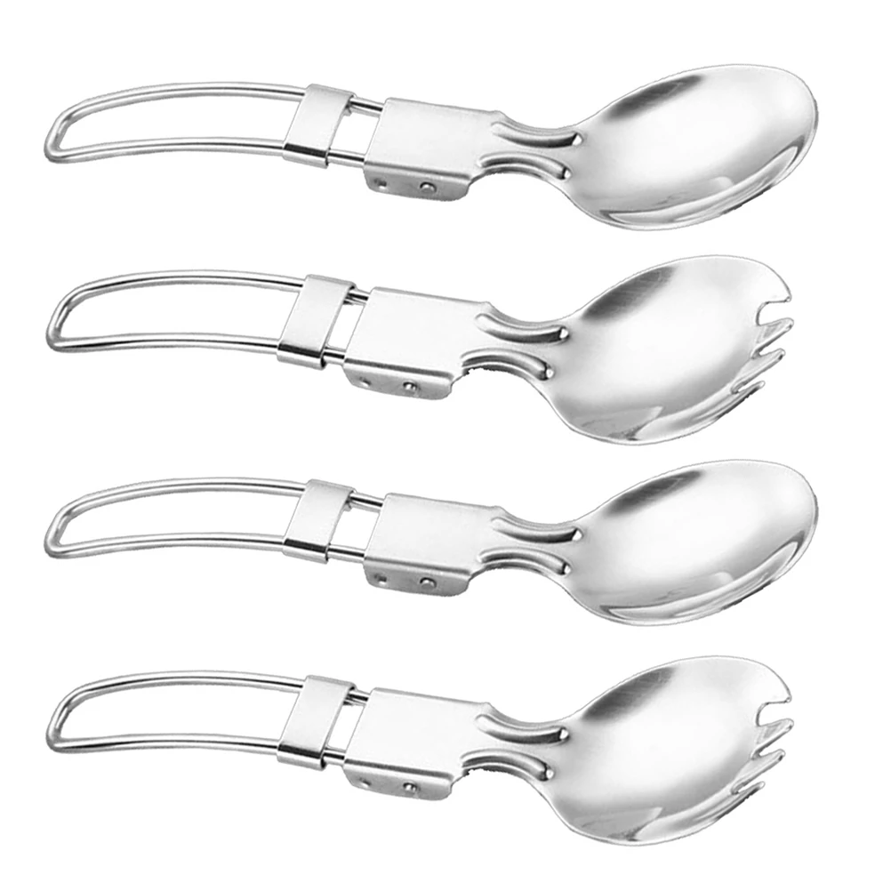 

4 Pcs Stainless Steel Folding Spoon Outdoor Fork Spoons Tableware Spork Foldable Camping Picnic Lightweight Compact Trail Use