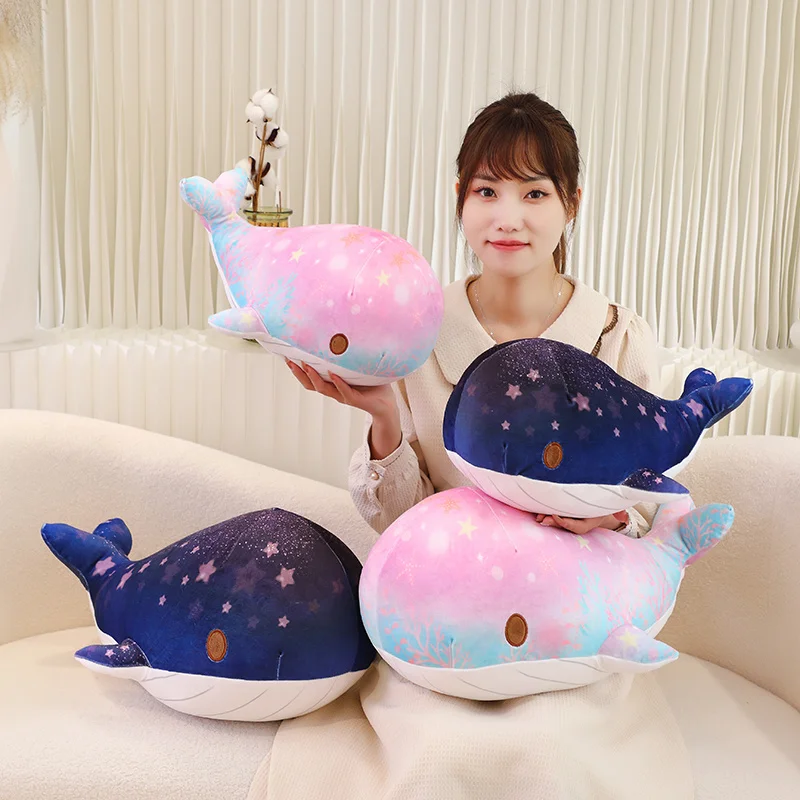 

Simulation Cartoon Rainbow Colorful Whale Plush Toy Soft Stuffed Animal 3D Print Dreamy Starry Sky Pillow Sofa Cushion Home Deco