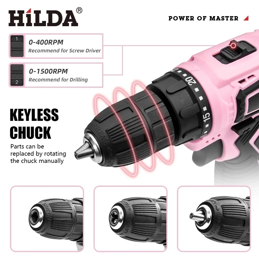 HILDA 12V Electric Screwdriver 25+1 Torque Cordless Drill Mini Wireless Power Tools Lithium-Ion Battery Pink Drill