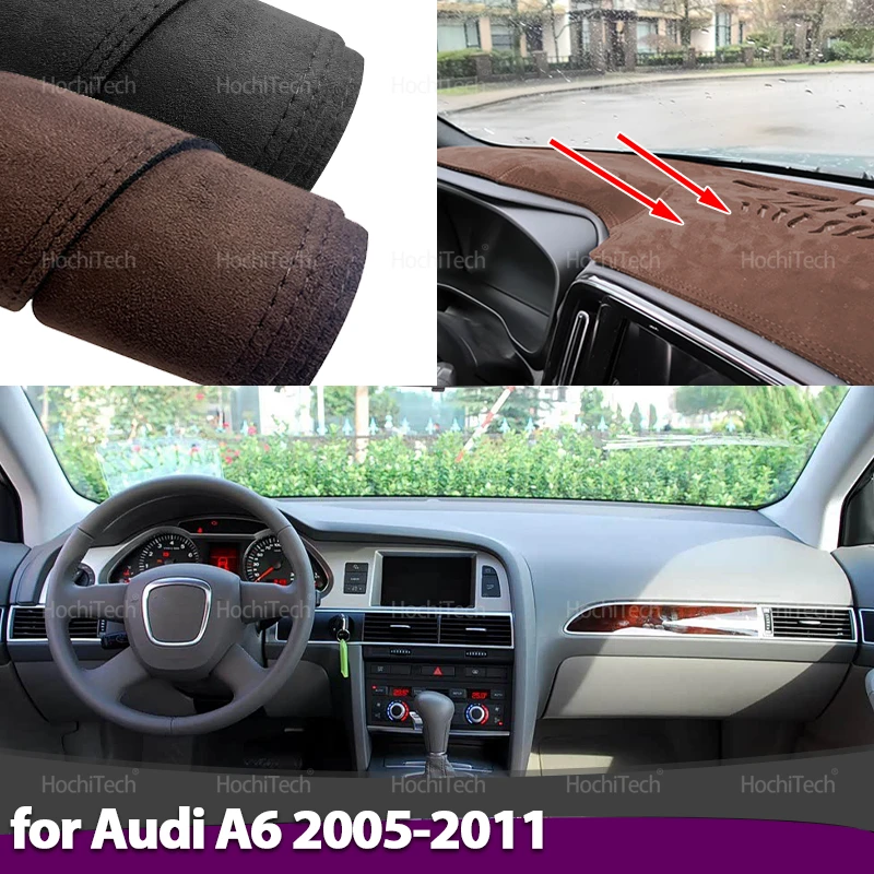 وسادة داش حصيرة السجاد لأودي A6 2005-2011 2006 2007 2008 2009 2010 سيارة التصميم جلد الغزال أسود/بني داشمات غطاء لوحة القيادة