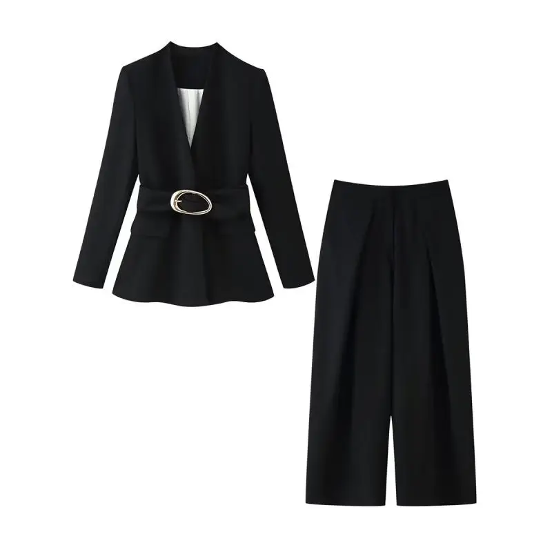 Withered Minimalist Women's Matching Sets Buckle Waistband Suit Jacket Pleated Wide Leg Pants Set  Elegant Woman Clothes