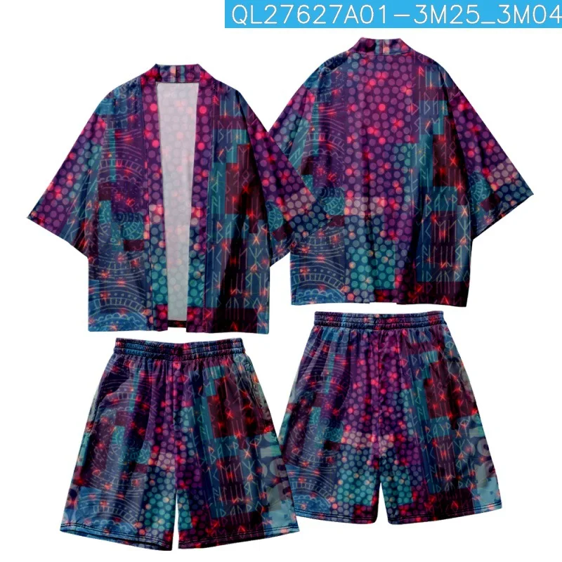 

Couple Women Men Asian Clothes Harajuku Color Polka Dot Printed Kimono Japanese Casual Loose Cardigan And Beach Shorts Set