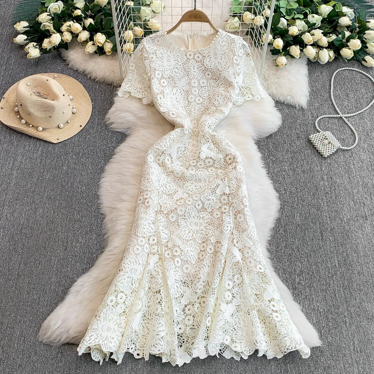 

ALPHALMODA 2025, Elegant, Hollow Lace, Round Neck, Dress for Women, New In, Summer, Slim, Fishtail, Long Dress