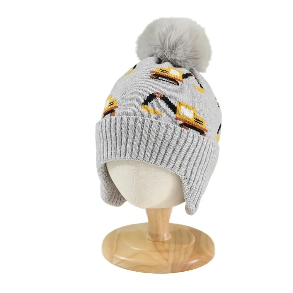 Cute Warm Fleece Lining Winter Hat Adjustable Excavator Print Ear Flaps Hat Ear Protection Knitted Beanie Winter
