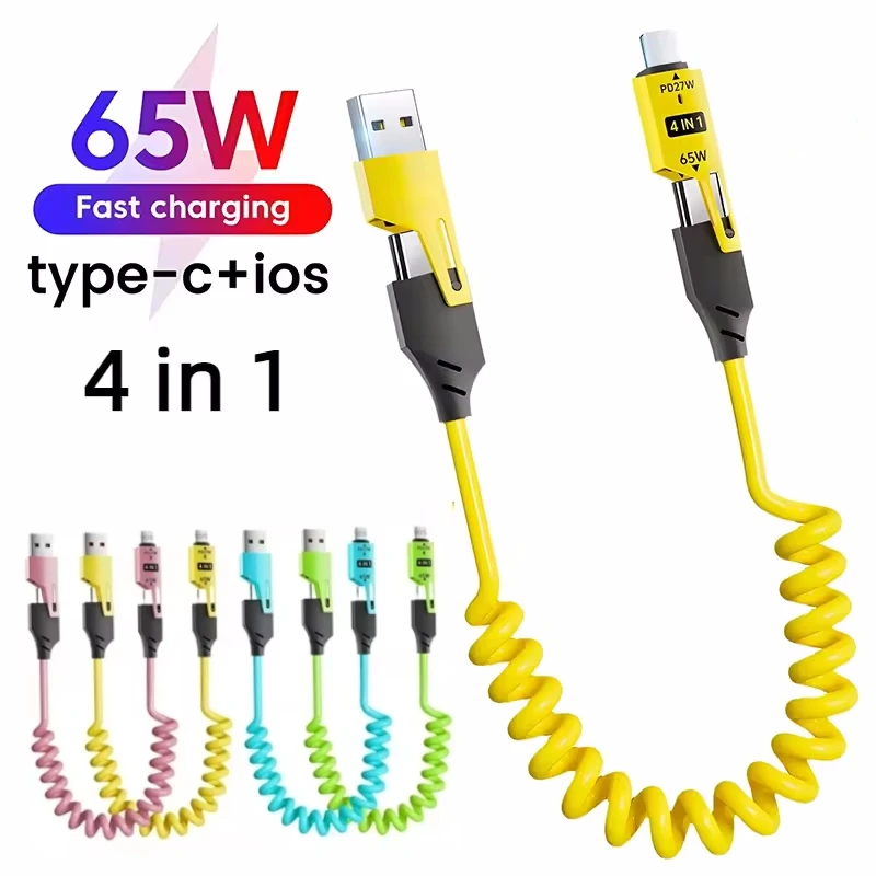 65W 4 in 1 Spring Short Data Cable 6A USB Type C Spring Telescopic Quick Charger Wire Spring USB Cable for iPhone iPad MacBook