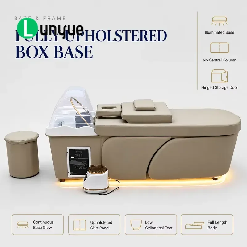 Spa Circular Shampoo Bed with Luminous Base Serpentine Frame Integrated Water Basin Perforated Headrest Full Body Support for