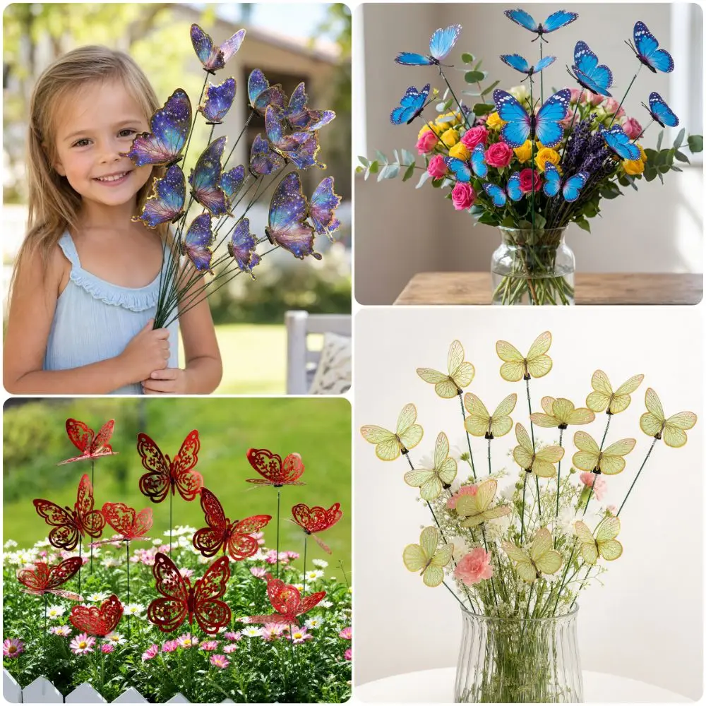12PCS Multicolor Butterfly Garden Stakes 3D Butterfly Bonsai Ornament Flowerpot Stakes Photo Props Decoration Stakes