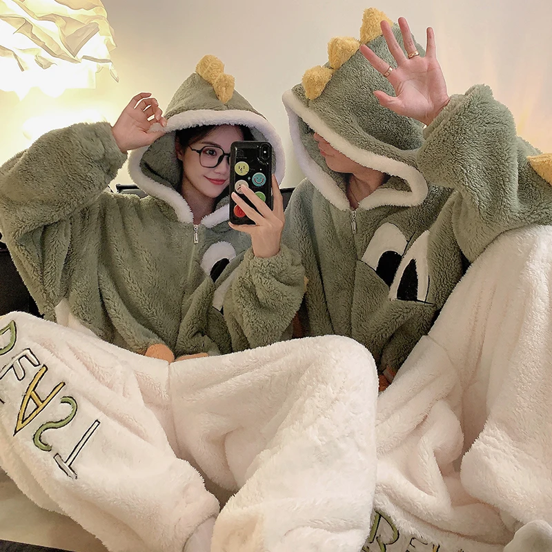 Kigurumis Dinosaur Pajamas Jumpsuits Women Sleepwear Adult Men Homewear Couples Hooded Pyjamas Thick Onesie Velvet Zipper