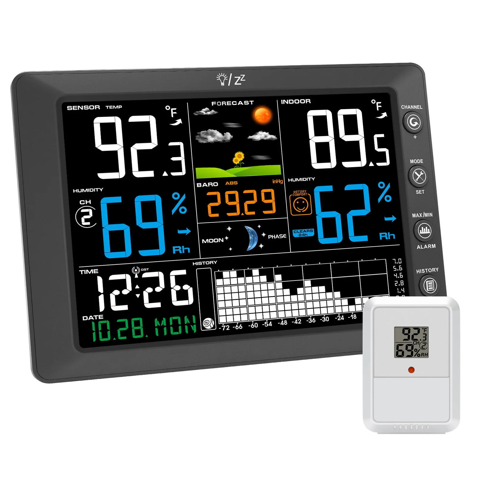 Station météo avec horloge atomique, Support à 8 canaux, alertes personnalisées, rétro-éclairage réglable, température/humidité intérieure/extérieure pour la maison