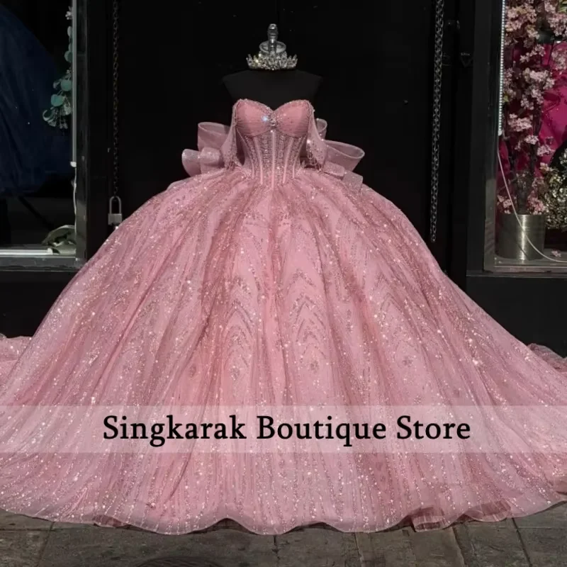 Gitter Pink Ball Gown Quinceanera Dresses 2026 Beading Crystal Bow Tull Corset Off Shoulder Sweet 16 Dress Customized