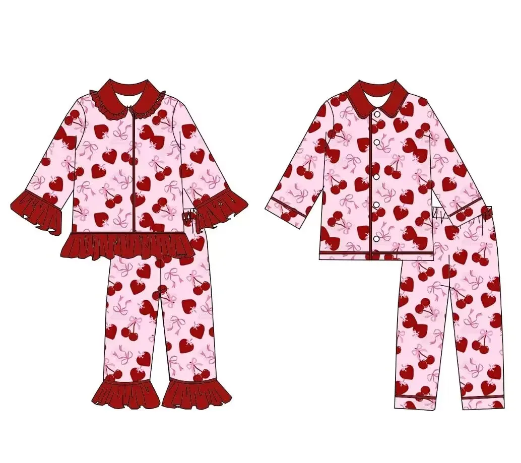 

Hot sale Valentine's Day children's pajamas set long sleeve long pants pajama set girls short sleeve nightgown cherry print whol
