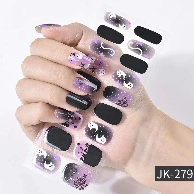 24 Tips Per Doos Uv Semi-Uitgeharde Gel Nagelsticker Halloween Nail Wraps Glitter Folie Volledige Cover Nagelstrips Kerstdag Manicure