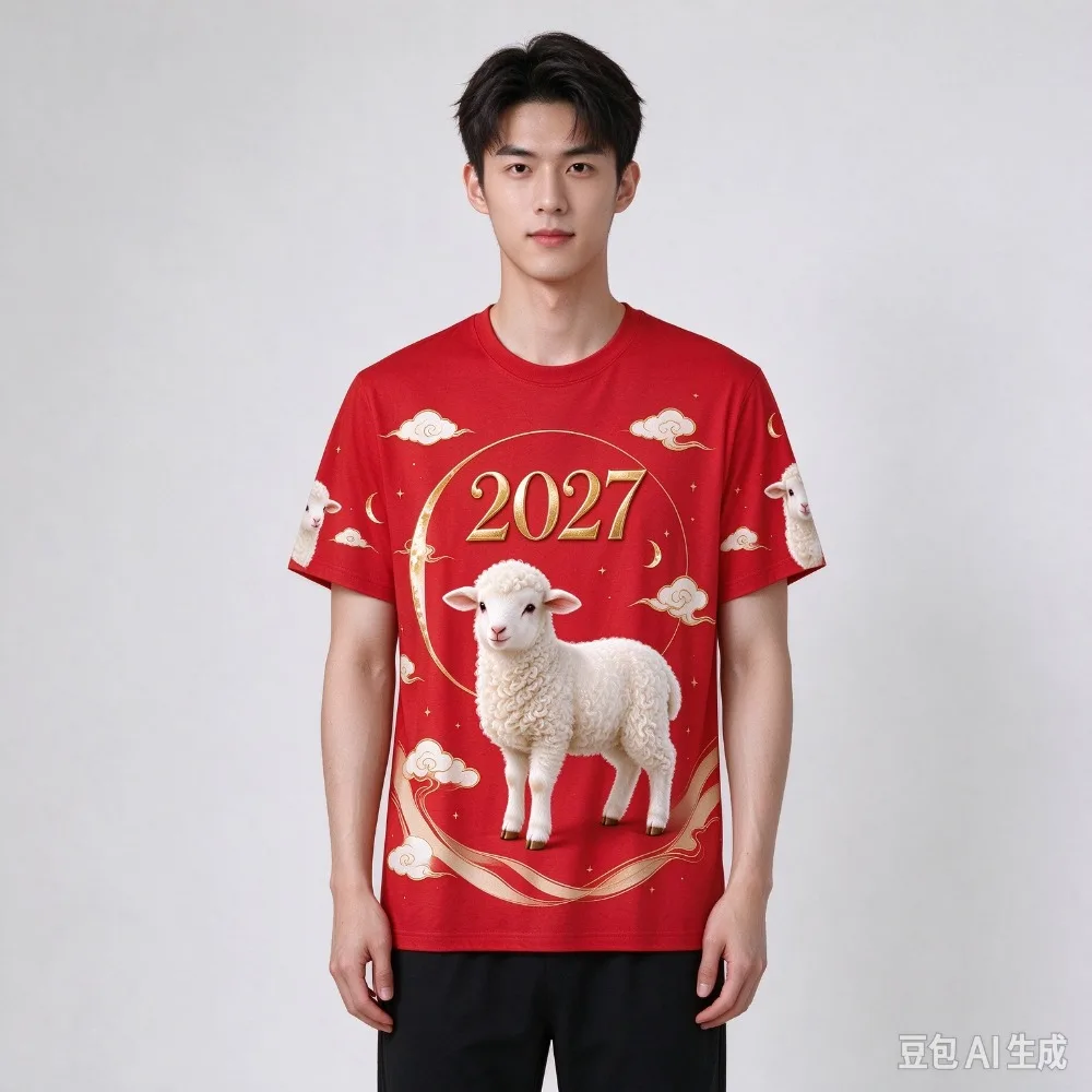 2027 Chinese New Year Men Women T-shirts 3D Print Zodiac Goat Lantern with Cloud Pattern  Casual Party Clothing Parents Children