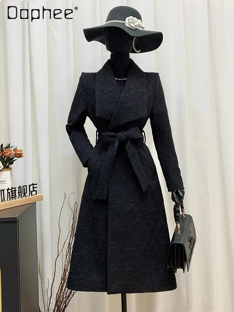 

Elegant Black Jacquard Trench Coat for Women Lapel Belted Waist Long Overcoat Luxury Office Lady Formal Business Casual Outwear